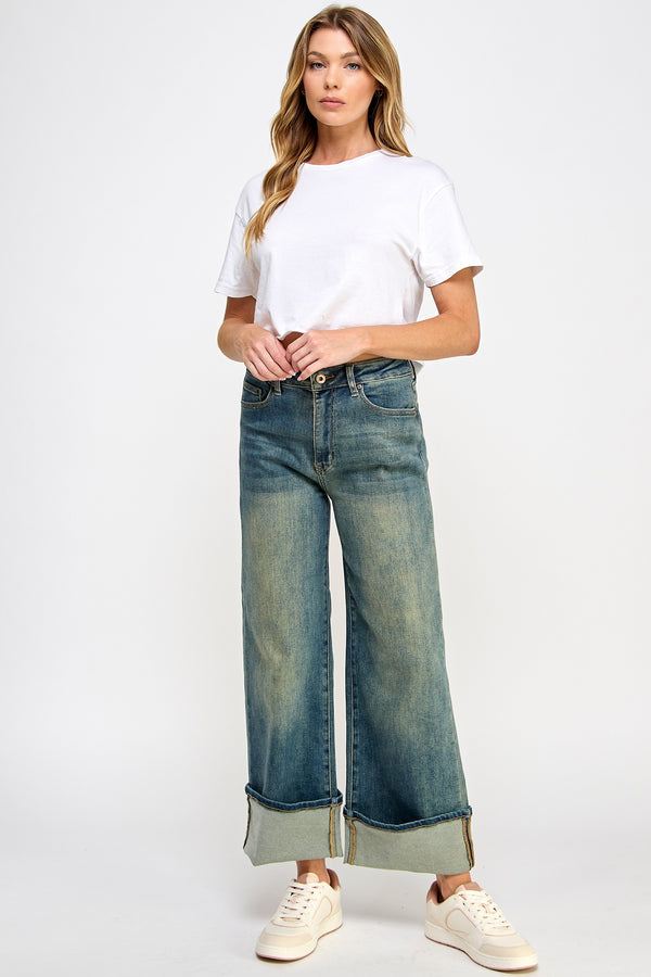 High Rise Dirty Wash Cuffed Jeans